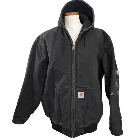 Vtg Carhartt Canvas Hooded Jacket XL TALL Distressed Workwear Paint USA Made - Picture 2 of 15